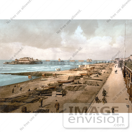 #21768 Historical Stock Photography of the Promenade, Beach and the Brighton Marine Palace and Pier at Brighton, England by JVPD