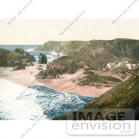 #21771 Historical Stock Photography of Beachfront Buildings at Kynance Cove in Cornwall, England, United Kingdom by JVPD