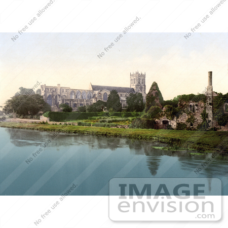 #21802 Historical Stock Photography of the Christchurch Priory Church and the Ruins of the Keep, Dorset, England by JVPD