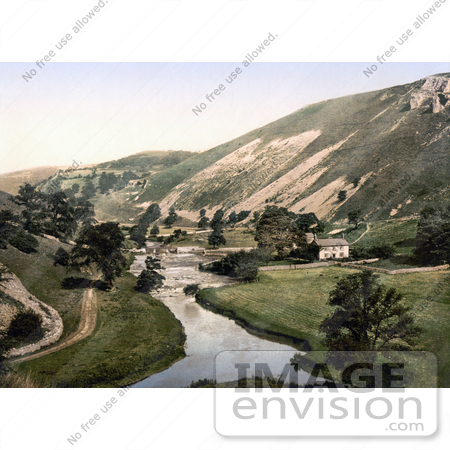 #21812 Historical Stock Photography of a Building and Road Along the Wye River in Mansal Dale, Derbyshire, England by JVPD