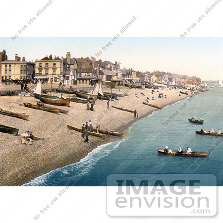#21819 Historical Stock Photography of Boats on the Shore and Buildings Along the Waterfront at Deal Kent England by JVPD