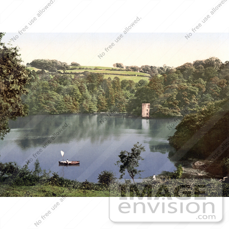 #21825 Historical Stock Photography of a Boat Near the Tower on Old Mill Creek in Darmouth Devon England by JVPD