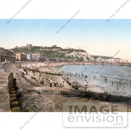 #21826 Historical Stock Photography of the Beach, Dover Castle, White Cliffs and Seafront Buildings in Dover, Kent, England by JVPD