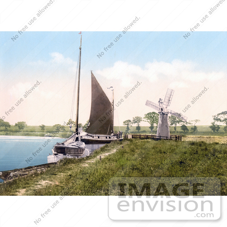 #21850 Historical Stock Photography of Sailboats by a Windmill at Horning Village Norfolk England by JVPD