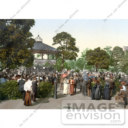 #21870 Historical Stock Photography of People Enjoying Band Playing Music in a Gazebo in the Harrogate Valley Gardens North Yorkshire, England by JVPD