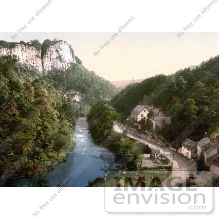 #21872 Historical Stock Photography of the Tor Cottage (High Tor Hotel) on the River Derwent With a Spectacular View of the High Tor in Matlock, Derbyshire, England by JVPD