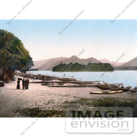 #21873 Historical Stock Photography of People at the Boat Landing on the Shore of Derwent Water, Lake District, England by JVPD