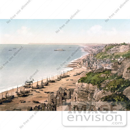 #21877 Historical Stock Photography of Boats on the Beach and the Coastline of Hastings Sussex England by JVPD