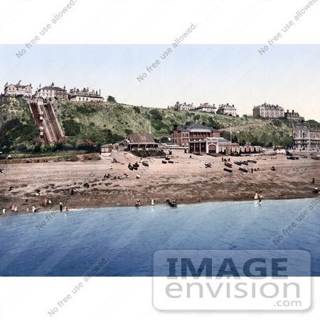#21878 Historical Stock Photography of the Beach and Leas Cliff Lift in Folkestone Kent England by JVPD