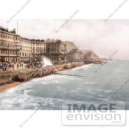 #21883 Historical Stock Photography of Carts Lined up on the Shore in Front of Beachfront Buildings in Hastings Sussex England by JVPD