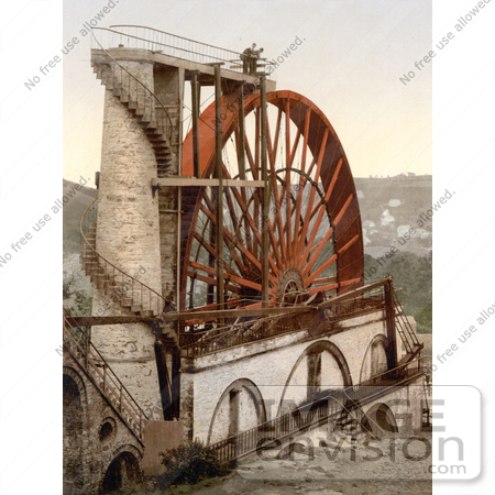 #21888 Historical Stock Photography of Men on Top of the Laxey Wheel or Lady Isabella, Laxey, Isle of Man, England by JVPD