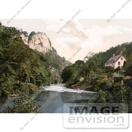 #21890 Historical Stock Photography of the Tor Cottage (High Tor Hotel) on the River Derwent With a View of the High Tor, Matlock, Derbyshire, England by JVPD