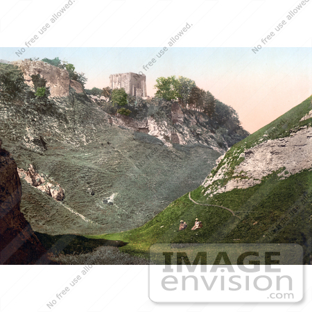 #21892 Historical Stock Photography of Peveril Castle Ruins on the Hilltop in Castleton Derbyshire England by JVPD