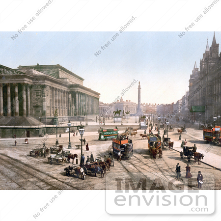 #21979 Stock Photography of Trams and Horse Drawn Carriages on Lime Street at St George’s Hall in Liverpool, England by JVPD