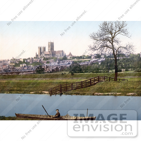 #21983 Stock Photography of a Boat on the Water With a View of the St Mary’s Cathedral in Lincoln Lincolnshire England by JVPD