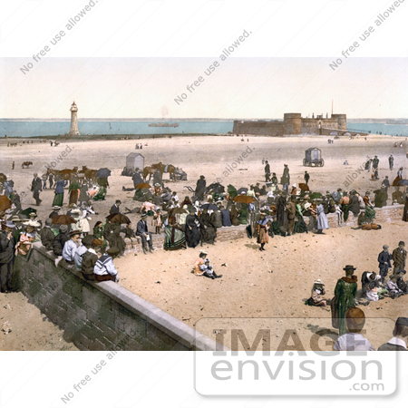#21984 Stock Photography of the Perch Rock Lighthouse, Battery Fort and People on the Beach in Liverpool, Merseyside, England by JVPD