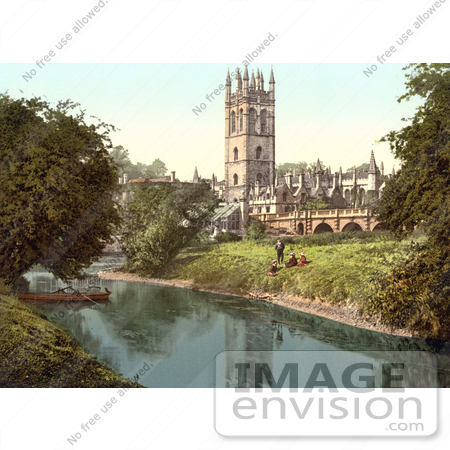 #22037 Stock Photography of People on the Bank of the River Cherwell Near the Magdalen Great Tower in Oxford Oxfordshire England by JVPD