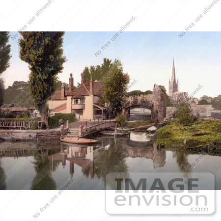 #22071 Stock Photography of Pulls Ferry on Wensum River and the Norwich Cathedral in Norwich East Anglia Norfolk England by JVPD