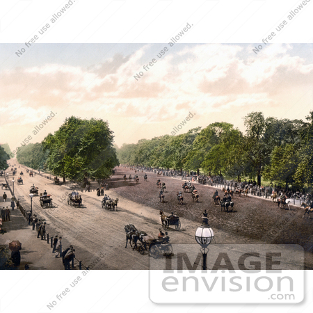 #22120 Historical Stock Photography of Horse Drawn Carriages and People Riding Horses at Rotten Row in London England by JVPD