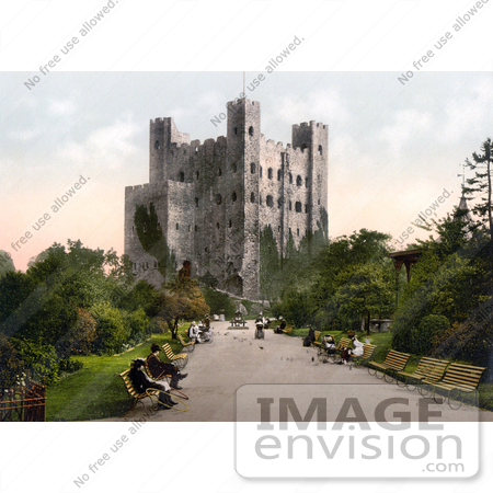 #22129 Historical Stock Photography of People Sitting on Benches Near the Castle in Rochester Medway Kent England UK by JVPD
