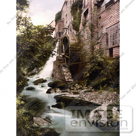 #22132 Historical Stock Photography of the Wheel at the Lyn Bridge Mill on the East Lyn River in Lynton and Lynmouth Devon England by JVPD