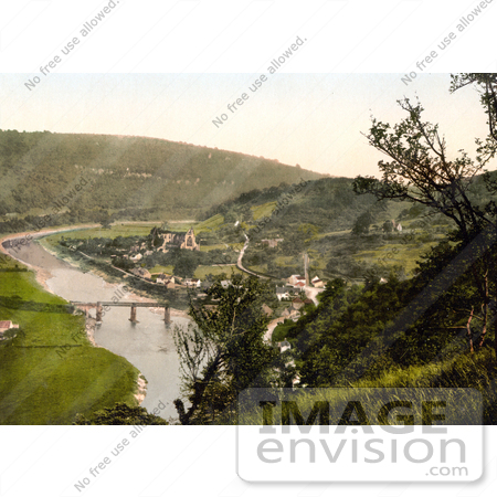 #22187 Historical Stock Photography of the Bridge Over the River Wye and the Ruins of the Abbey in Tintern Monmouthshire Wales England UK by JVPD