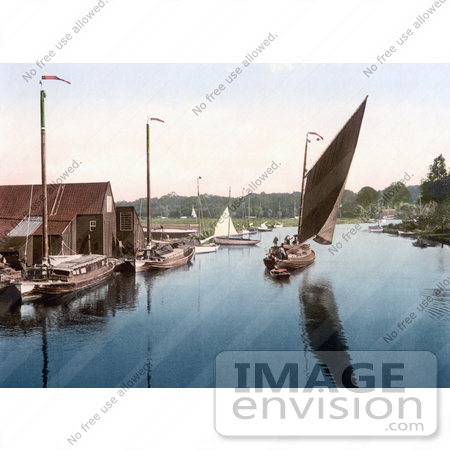 #22202 Historical Stock Photography of a Wherry Sailboat in the Harbour in Wroxham Norfolk England UK by JVPD