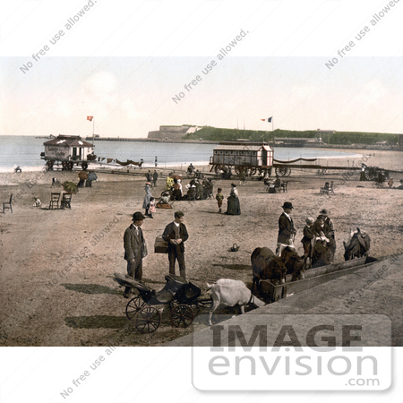 #22208 Historical Stock Photography of Donkeys, People and Changing Saloons on the Shore in Weymouth Dorset England UK by JVPD