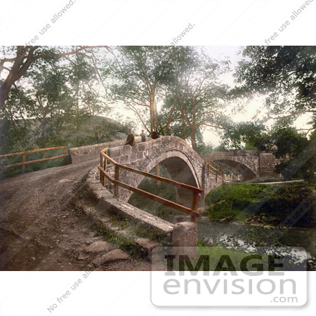 #22213 Historical Stock Photography of People on the Beggar’s Bridge Over the Esk River in Glaisdale North Yorkshire England UK by JVPD