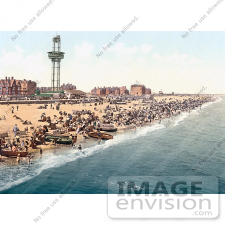 #22216 Historical Stock Photography of People, Benches and Boats on the Beach by the Revolving Observation Tower in Yarmouth Norfolk England UK by JVPD