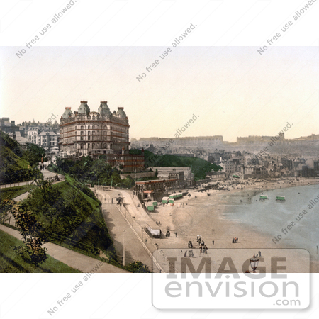 #22261 Historical Stock Photography of the Beach in Front of the Grand Hotel in Scarborough North Yorkshire England UK by JVPD