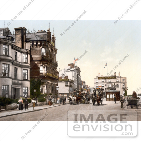 #22262 Historical Stock Photography of Horse Drawn Carriages on a Street Near Hotels in Ryde Isle of Wight England UK by JVPD