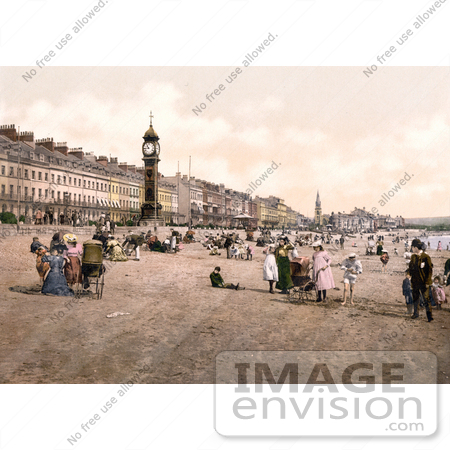 #22264 Historical Stock Photography of People Enjoying the Beach by the Jubilee Clock Tower in Weymouth Dorset England UK by JVPD