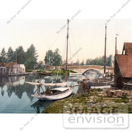 #22271 Historical Stock Photography of Boats on the Water Near the Bridge in Wroxham Norfolk England UK by JVPD