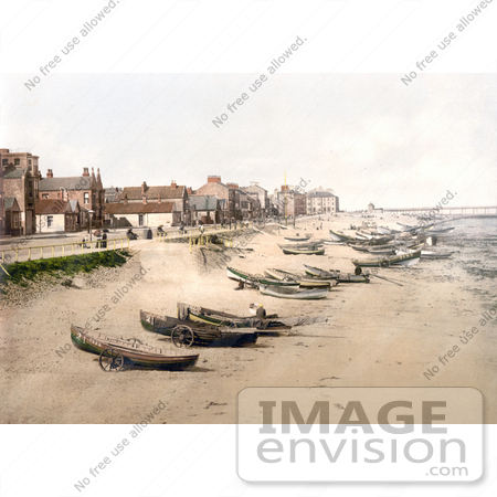 #22280 Historical Stock Photography of Boats on the Beach, the Esplanade and the Pier in Redcar North Yorkshire England UK by JVPD
