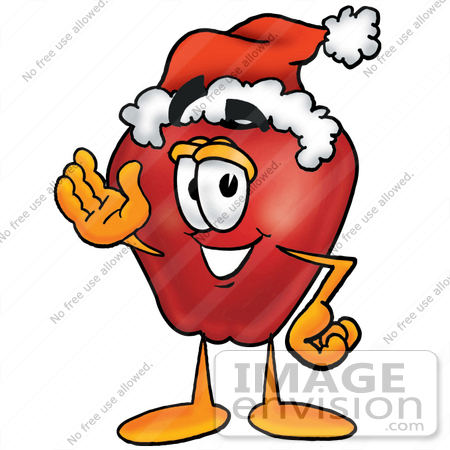 #22295 Clip art Graphic of a Red Apple Cartoon Character Wearing a Santa Hat and Waving by toons4biz