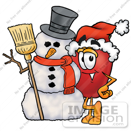 #22298 Clip art Graphic of a Red Apple Cartoon Character With a Snowman on Christmas by toons4biz
