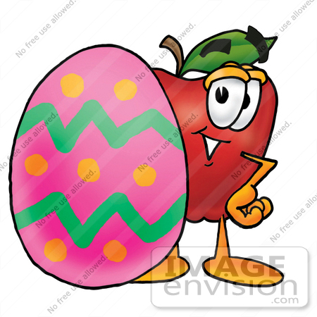 #22299 Clip art Graphic of a Red Apple Cartoon Character Standing Beside an Easter Egg by toons4biz