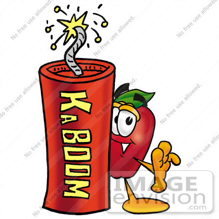 #22300 Clip art Graphic of a Red Apple Cartoon Character Standing With a Lit Stick of Dynamite by toons4biz