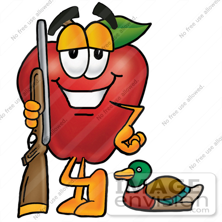 #22302 Clip art Graphic of a Red Apple Cartoon Character Duck Hunting, Standing With a Rifle and Duck by toons4biz