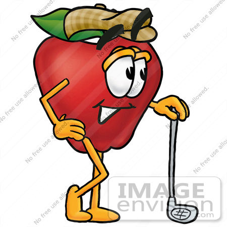 #22304 Clip art Graphic of a Red Apple Cartoon Character Leaning on a Golf Club While Golfing by toons4biz