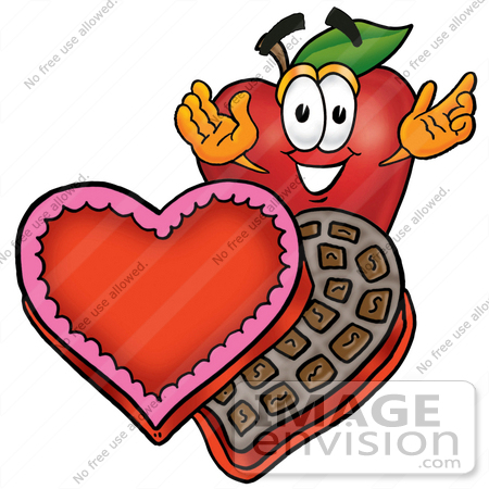 #22305 Clip art Graphic of a Red Apple Cartoon Character With an Open Box of Valentines Day Chocolate Candies by toons4biz