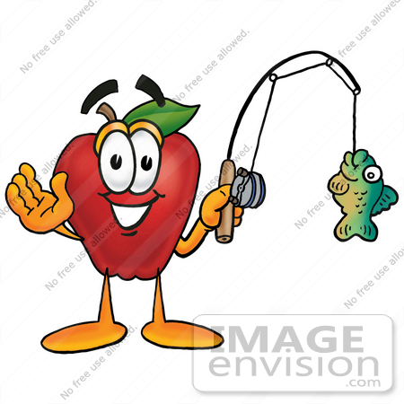 Clip art Graphic of a Red Apple Cartoon Character Holding a Fish on a Fishing  Pole, #22306 by toons4biz