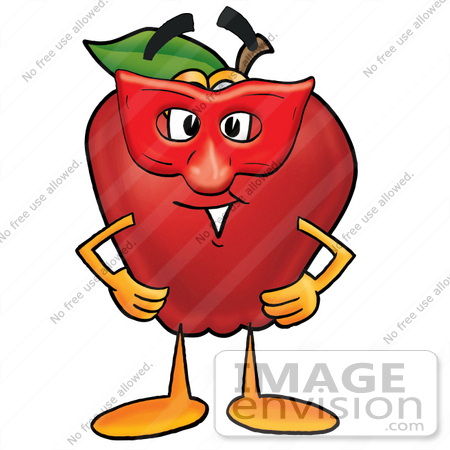 #22307 Clip art Graphic of a Red Apple Cartoon Character Wearing a Red Mask Over His Face by toons4biz