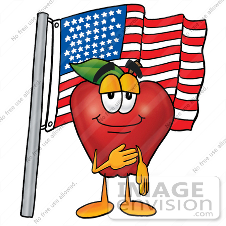 #22308 Clip art Graphic of a Red Apple Cartoon Character Pledging Allegiance to an American Flag by toons4biz