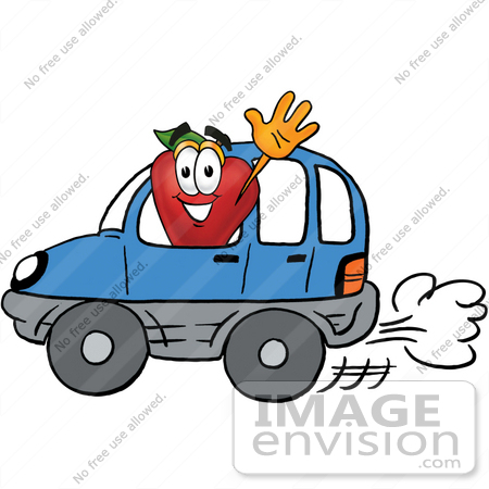 #22310 Clip art Graphic of a Red Apple Cartoon Character Driving a Blue Car and Waving by toons4biz