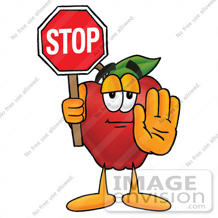 #22314 Clip art Graphic of a Red Apple Cartoon Character Holding a Stop Sign by toons4biz