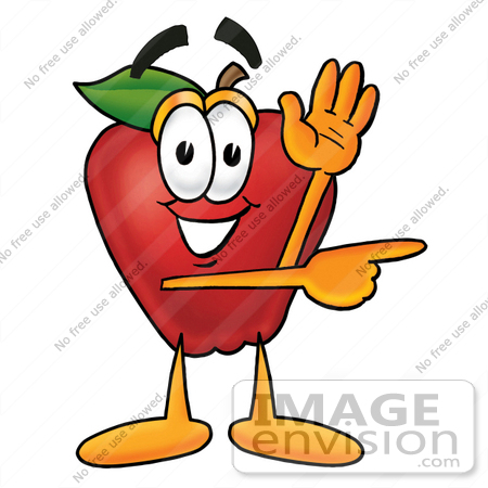#22315 Clip art Graphic of a Red Apple Cartoon Character Waving and Pointing by toons4biz
