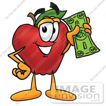 #22319 Clip art Graphic of a Red Apple Cartoon Character Holding a Dollar Bill by toons4biz
