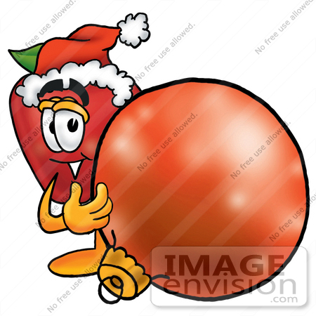 #22321 Clip art Graphic of a Red Apple Cartoon Character Wearing a Santa Hat, Standing With a Christmas Bauble by toons4biz